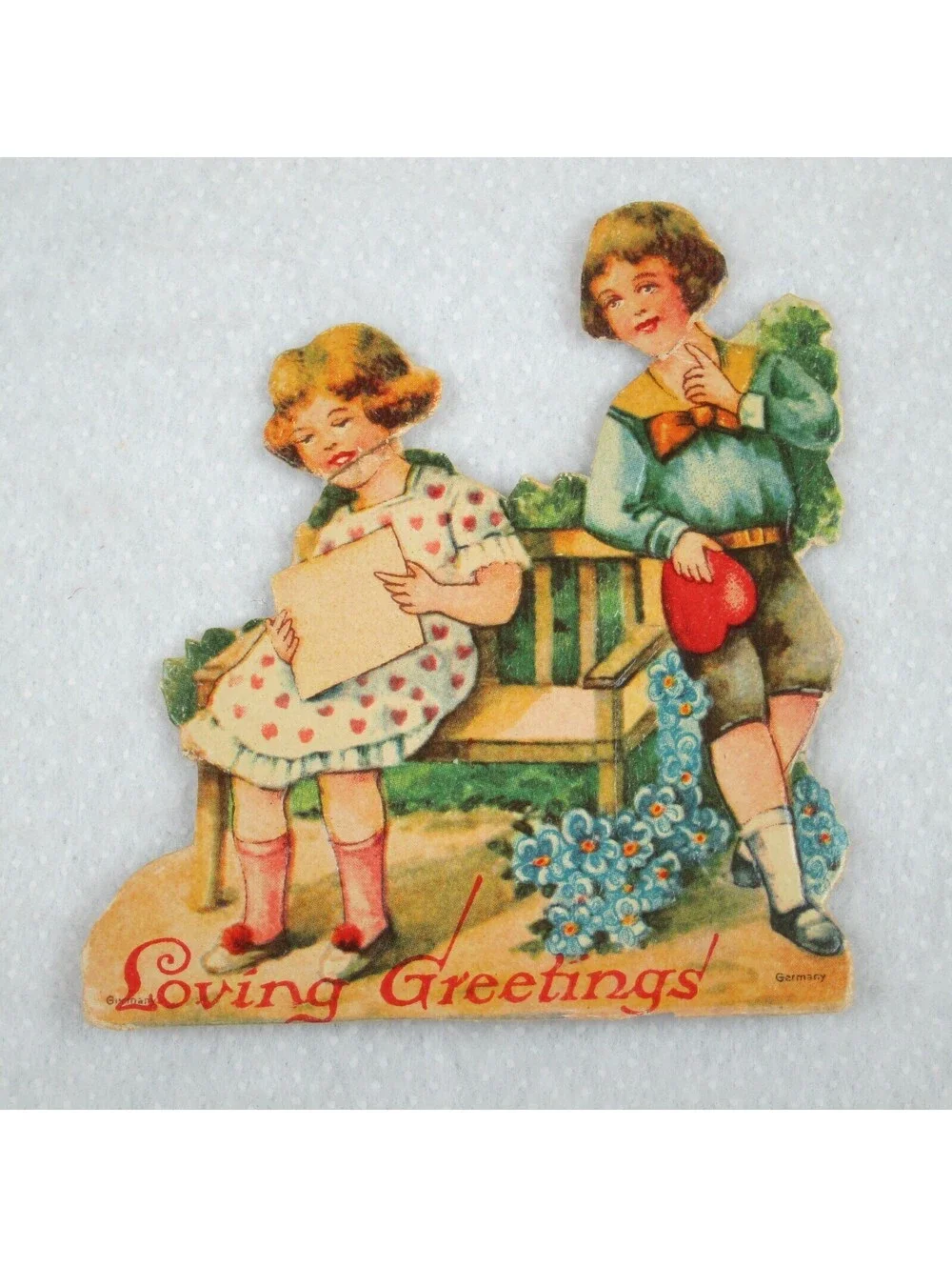 Vintage Valentine Die Cut Stand Up Boy & Girl on Bench Heart 1920s-30s Germany